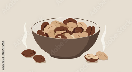 Bowl of mixed nuts. Steam rises above. Several nuts rest on the side