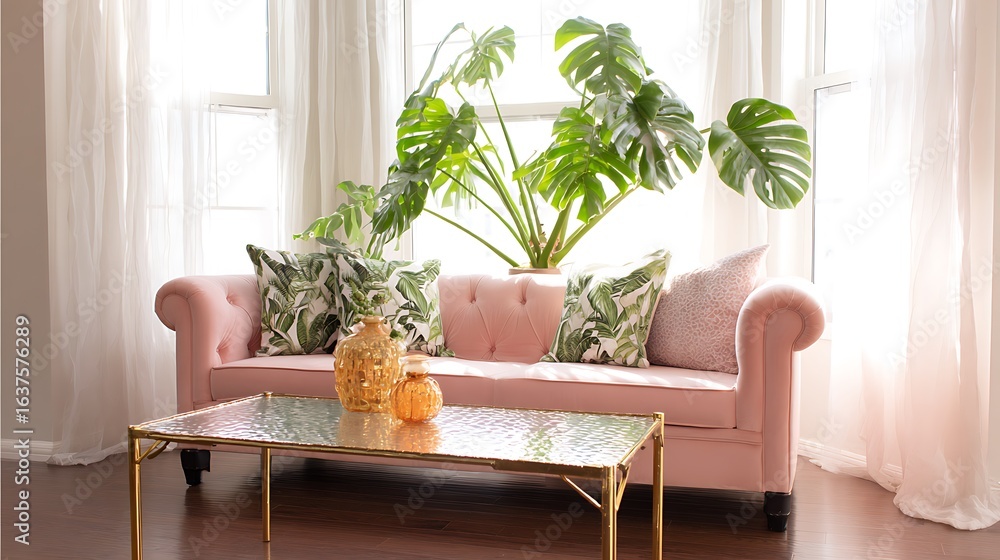 Fototapeta premium modern living room with flowers and Pink sofa and couch with beautiful curtains