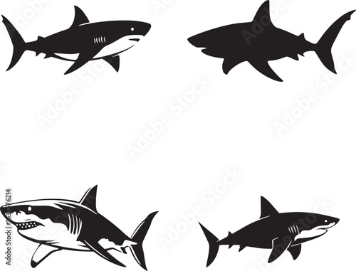 Shark Silhouette Vector Illustration Set, Great White Marine Predator Icons, Ocean Wildlife Graphic Design