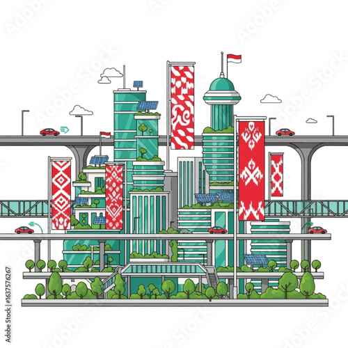 Illustration of a futuristic city with modern buildings, elevated roads, Indonesian flags, and green spaces.