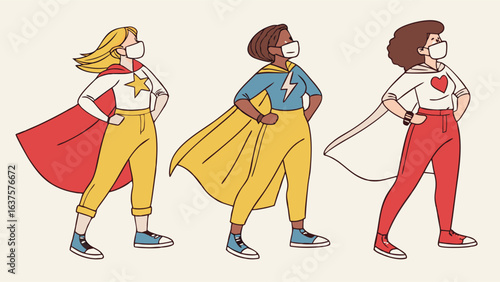 Three Masked Superhero Women Standing Proudly in Colorful Costumes.
