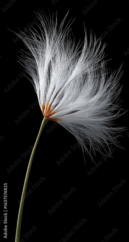 Obraz premium Close-up of a fluffy, white seed head against a black background