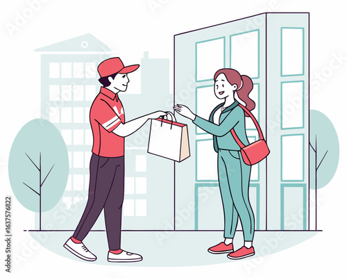Delivery Man Handing Package to Woman – Online Shopping Illustration