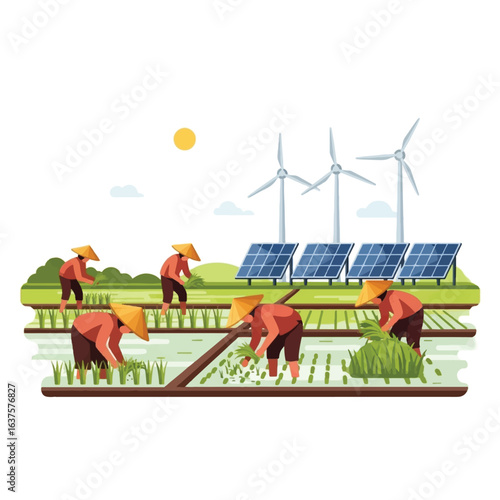 Farmers cultivate rice paddies alongside renewable energy sources like solar panels and wind turbines.