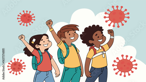 Triumphant Children with Backpacks Defying Viruses.