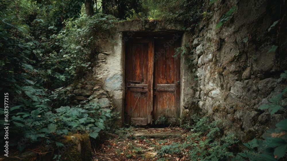 Fototapeta premium Old wooden door in stone wall overgrown by plants