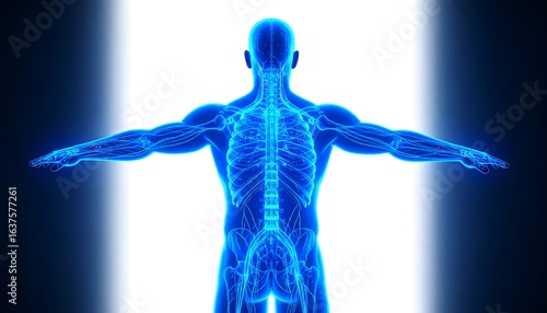Posterior view of a human anatomy model, showcasing skeletal and muscular systems with glowing blue highlights