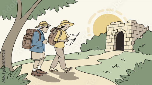 Two hikers exploring a trail with a map and backpacks.