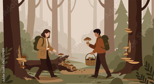 People forest walking, finding mushrooms in forest with backpacks. Mushroom gathering fun