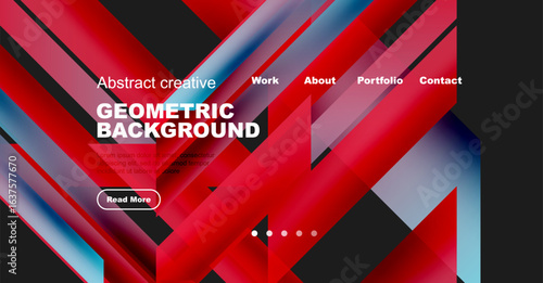 Abstract geometric background design. Red, blue gradients create dynamic visual effect. Website header includes navigation options, text.