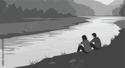 Two people sit, watching river flow by with mountains. Grey tones illustration