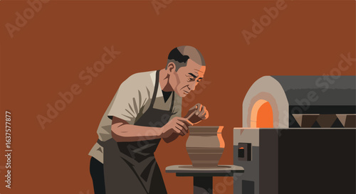Artist forms clay pot with care, fire glows behind. Process of pottery