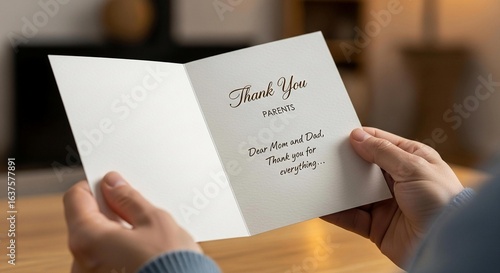 Person holding a thank you card for parents
