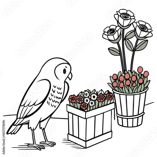 A charming cartoon owl stands next to a wooden planter filled with colorful flowers on a dark background