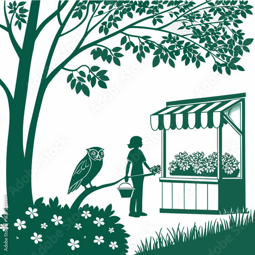 A person tends a flower stand under a large tree with an owl perched nearby