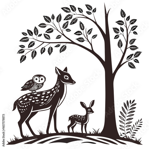 A mother deer and fawn stand under a tree with an owl perched on the mother s back