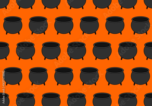 Fondo naranja con patrón de potes negros de bruja