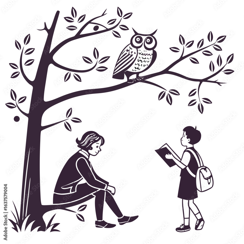 Fototapeta premium A wise owl watches over two children reading books under a large tree in a peaceful outdoor setting