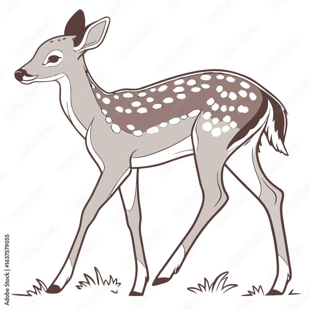Obraz premium Charming cartoon fawn with spotted coat standing gracefully in sparse green grass against a black background