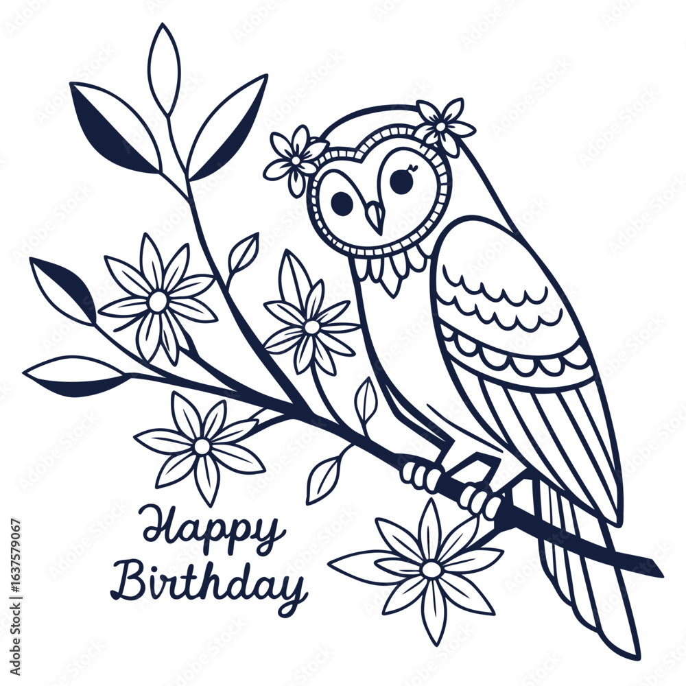 Obraz premium Charming illustration of a cute owl wearing a flower crown perched on a branch with flowers and leaves