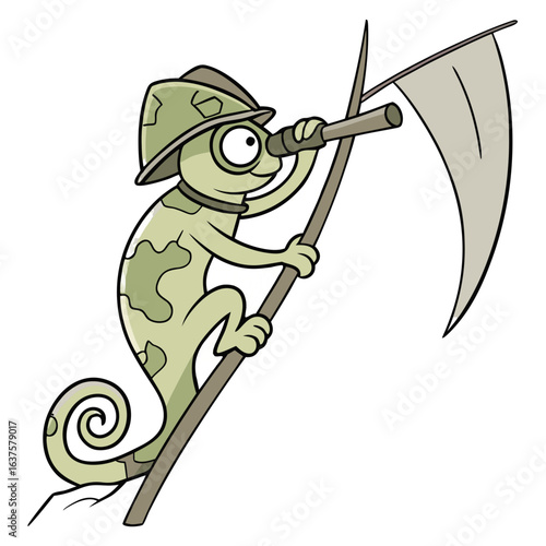 Cartoon chameleon wearing a safari hat and looking through a spyglass while climbing a branch with a flag