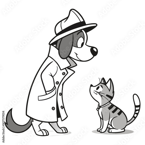 Cartoon dog detective in a trench coat and fedora hat meets a curious striped cat