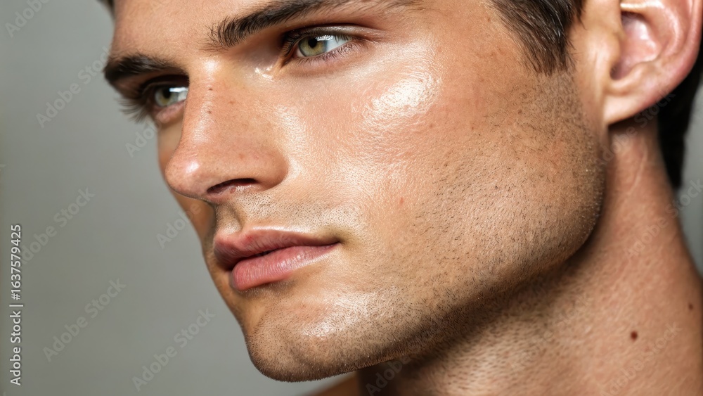 Fototapeta premium Close-Up Portrait of a Young Man with Clear Skin and Dramatic Lighting
