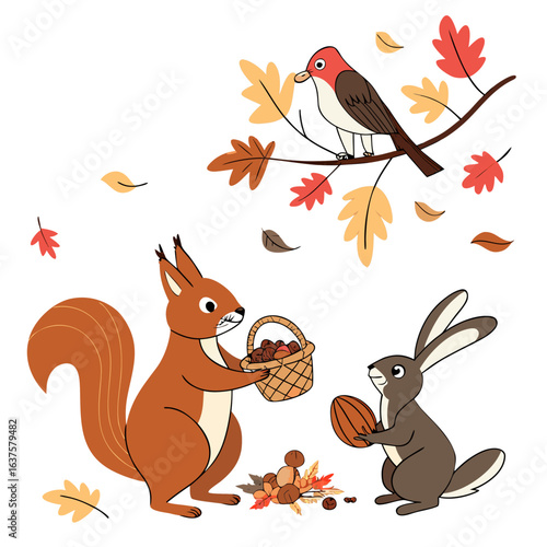 Cute cartoon squirrel and rabbit gathering nuts with a bird watching from a branch during autumn