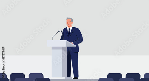 Speaker at lectern, addressing empty chairs. Conference presentation with no audience