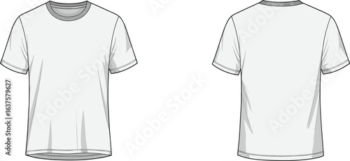 Vector CAD flat sketch of a classic short-sleeve crew neck T-shirt featuring clean seams, regular fit, and simple silhouette.