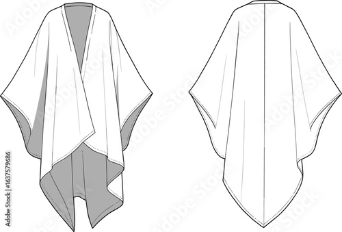 Vector CAD flat sketch of a flowy open-front kimono cardigan with wide sleeves, pointed hem, and draped silhouette.