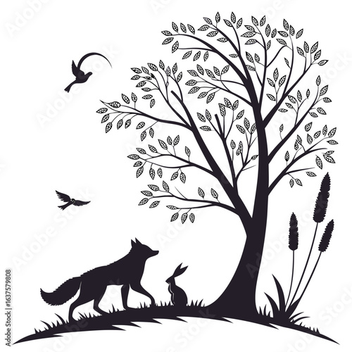 Silhouette of a fox and rabbit under a leafy tree with birds flying above and tall grass