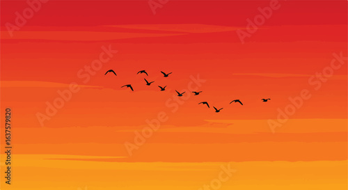 Birds silhouetted against a warm orange sunset sky, illustration with feathered friends
