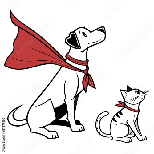 Silhouette of a person in a red cape and bandana with a small dog wearing a red collar and bandana