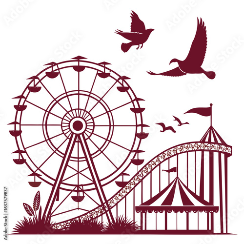 Silhouette of a ferris wheel and roller coaster with birds flying above a circus tent