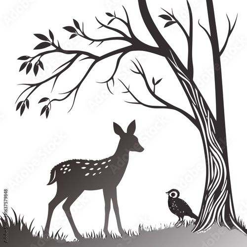 Silhouette of a young deer and an owl resting peacefully under the branches of a large tree