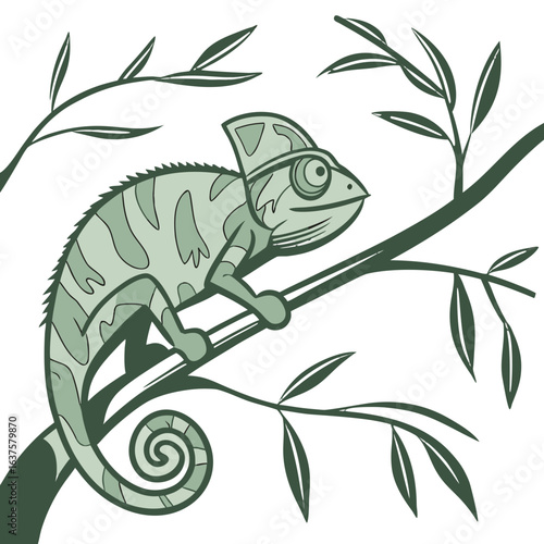 Stylized green chameleon perched on a dark branch with leaves against a black background