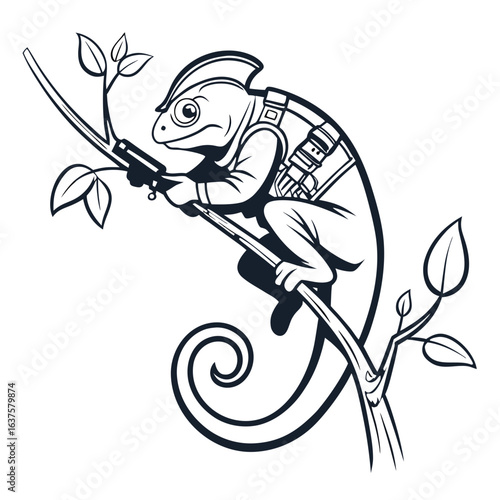 Stylized chameleon with a backpack and rifle perched on a tree branch with leaves and a coiled tail