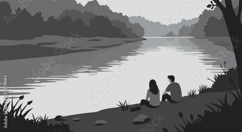Couple sitting, facing a river in the distance, trees in background in grayscale