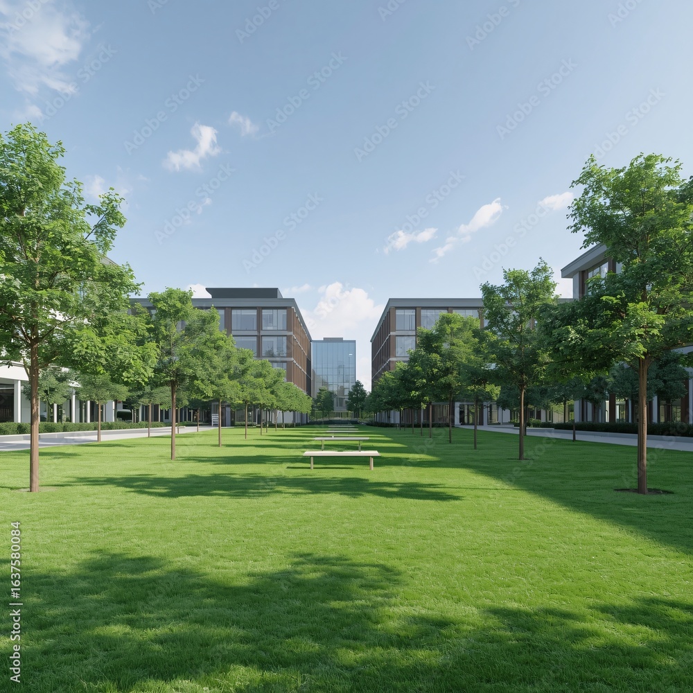Fototapeta premium Modern Office Park with Green Lawn, Trees, and Ambient Bench