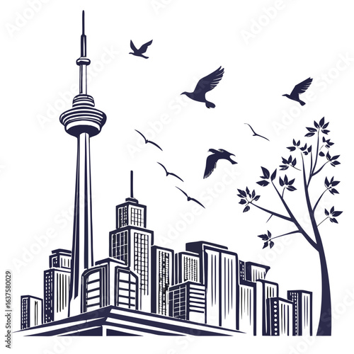 Stylized silhouette of a city skyline with a prominent tower and flying birds against a dark background