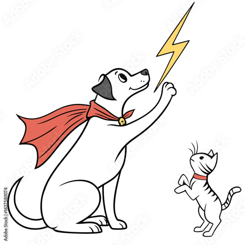 Superhero black dog with red cape and bell catching a lightning bolt with a curious kitten watching