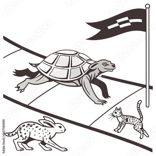 The tortoise races ahead of the rabbit and cat towards the finish line flag