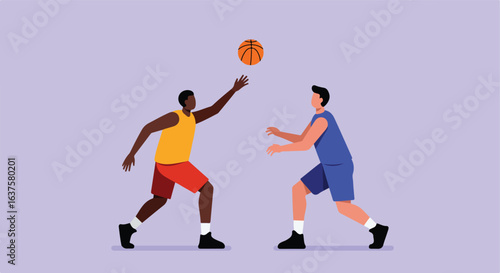 Two players compete for basketball, one reaching, another guarding on purple background