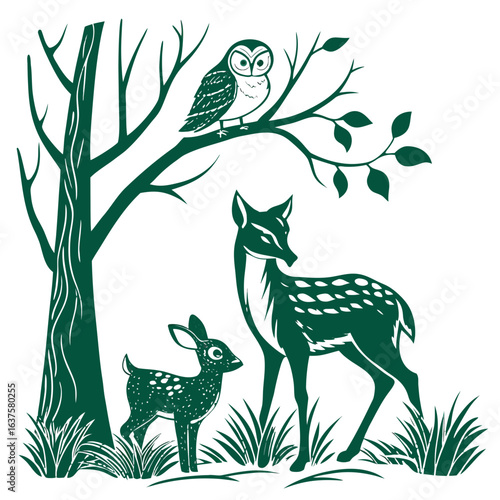 Whimsical forest scene with a mother and fawn deer standing in grass beneath a tree with an owl perched on a branch