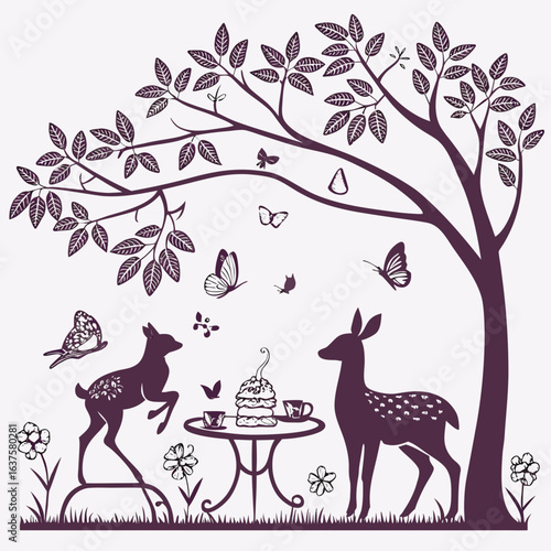 Whimsical forest scene with two deer butterflies flowers and a tea set under a stylized tree