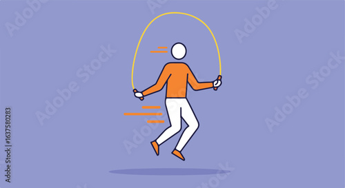 Minimalistic person jumping rope over a blue background in orange and white