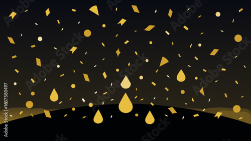 Golden confetti and teardrop shapes falling on a dark background creating a festive atmosphere look