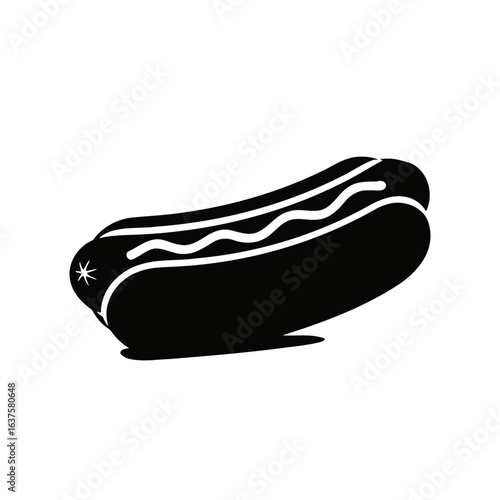Black Silhouette Icon Food 3D – A 3D black silhouette of a hotdog in a bun with mustard