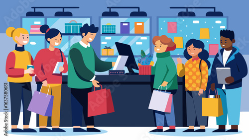 Group of diverse people standing in line at a store checkout with shopping bags and shelves behind them